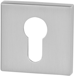 Metalowa osłona zamka w kolorze srebrnym z wycięciem w kształcie klucza.