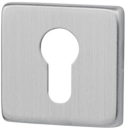 Metalowa osłona zamka w kształcie kwadratu z otworem na klucz.