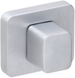 Metalowy przycisk w kształcie kwadratu, umieszczony na prostokątnej podstawie.