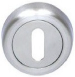 Metalowy zamek z okrągłą obudową i prostokątnym otworem na klucz.