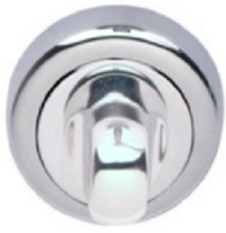 Metalowy włącznik w chromowanej obudowie, umieszczony na okrągłej podstawie.