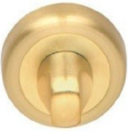 Złoty uchwyt drzwiowy w okrągłej obudowie, z centralnym przyciskiem do otwierania.