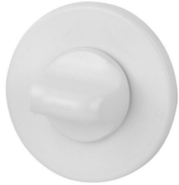 Biały przycisk w kształcie okręgu z wystającą dźwignią.