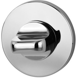 Metalowy pokrętło w okrągłej, lśniącej obudowie, służące do regulacji.