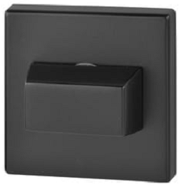 Czarny włącznik światła na tle prostokątnej, czarnej ramki.