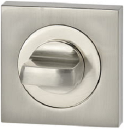 Metalowy zamek w kolorze srebrnym, z okrągłym przyciskiem do zamykania.