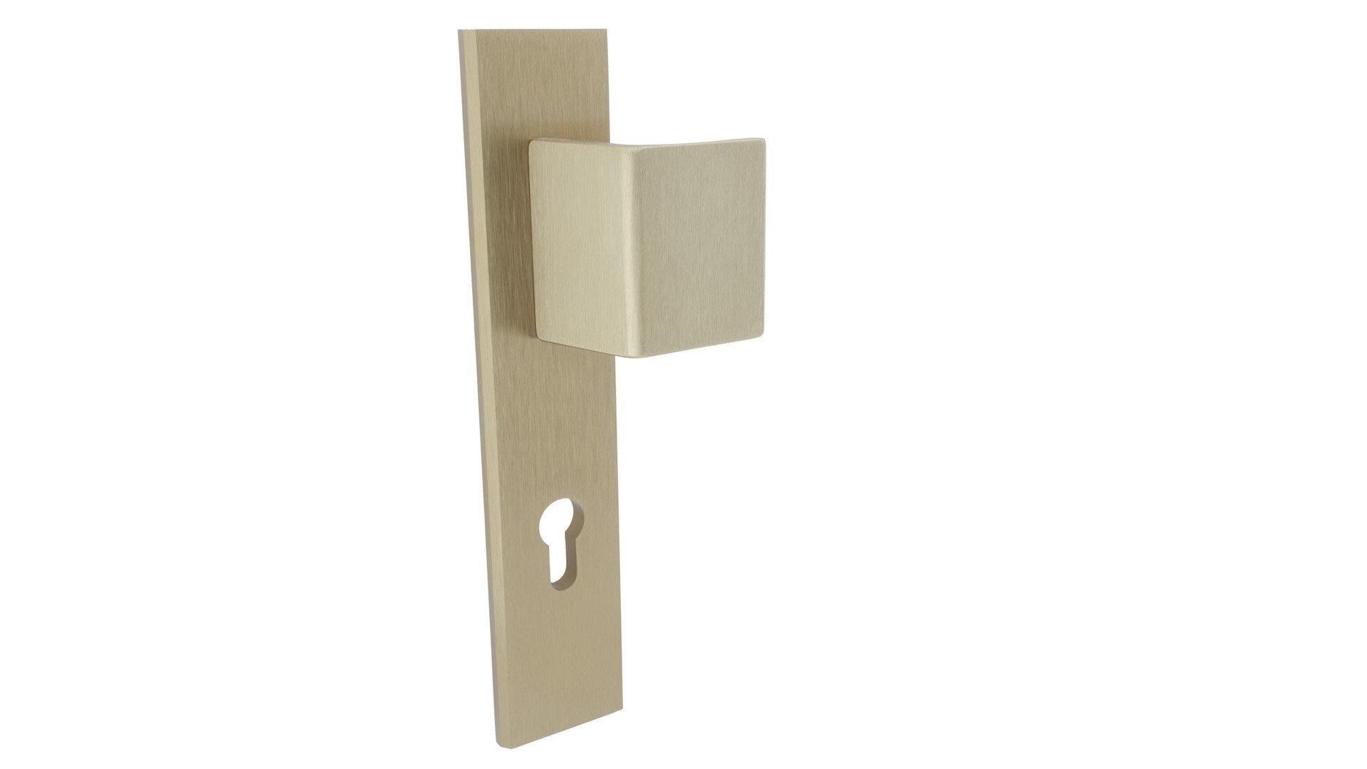 Złota klamka z prostokątnym uchwytem i otworem na zamek, umieszczona na prostokątnej płycie.