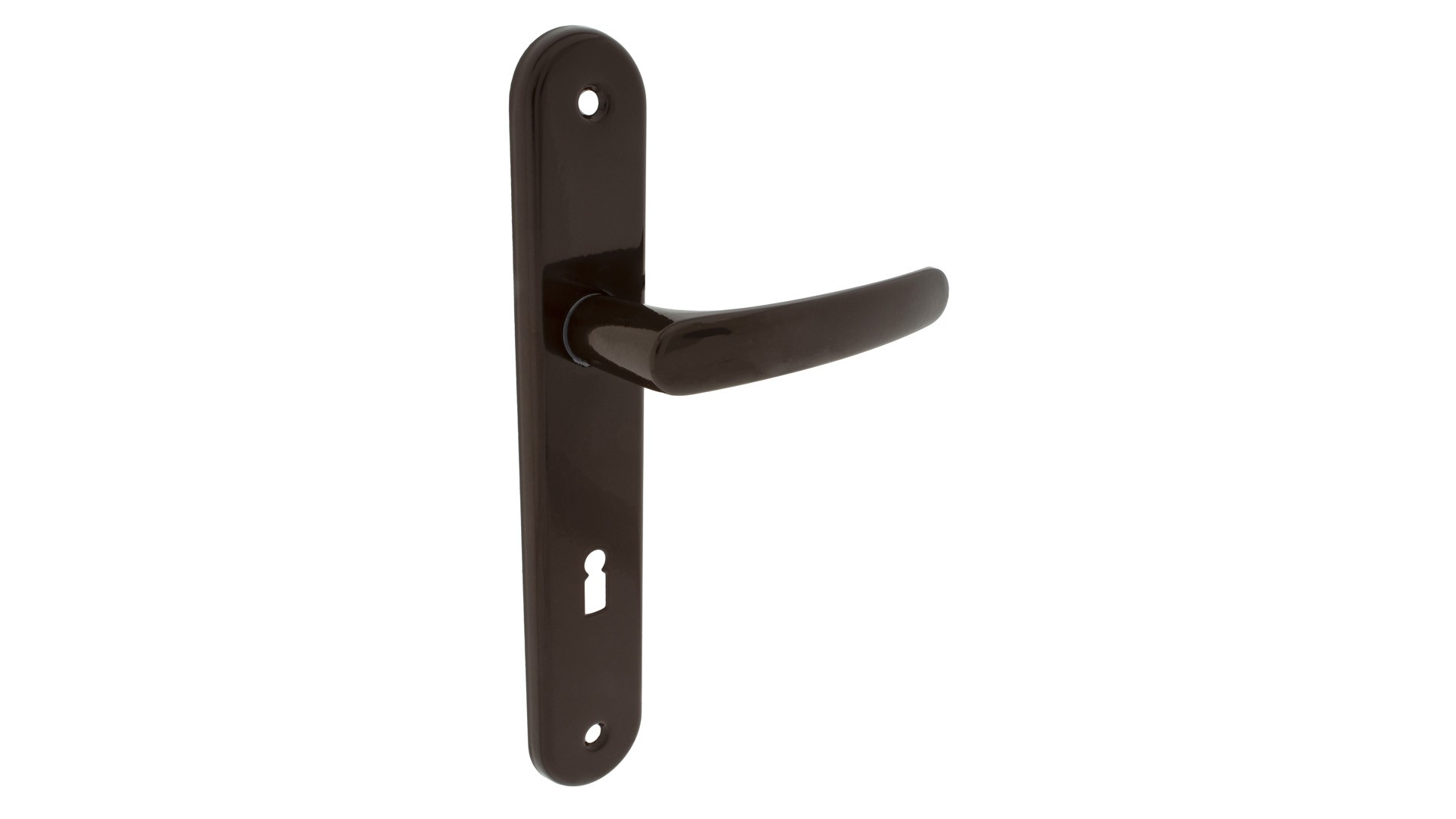 Czarna klamka drzwiowa na prostokątnej podstawie z otworem na zamek.