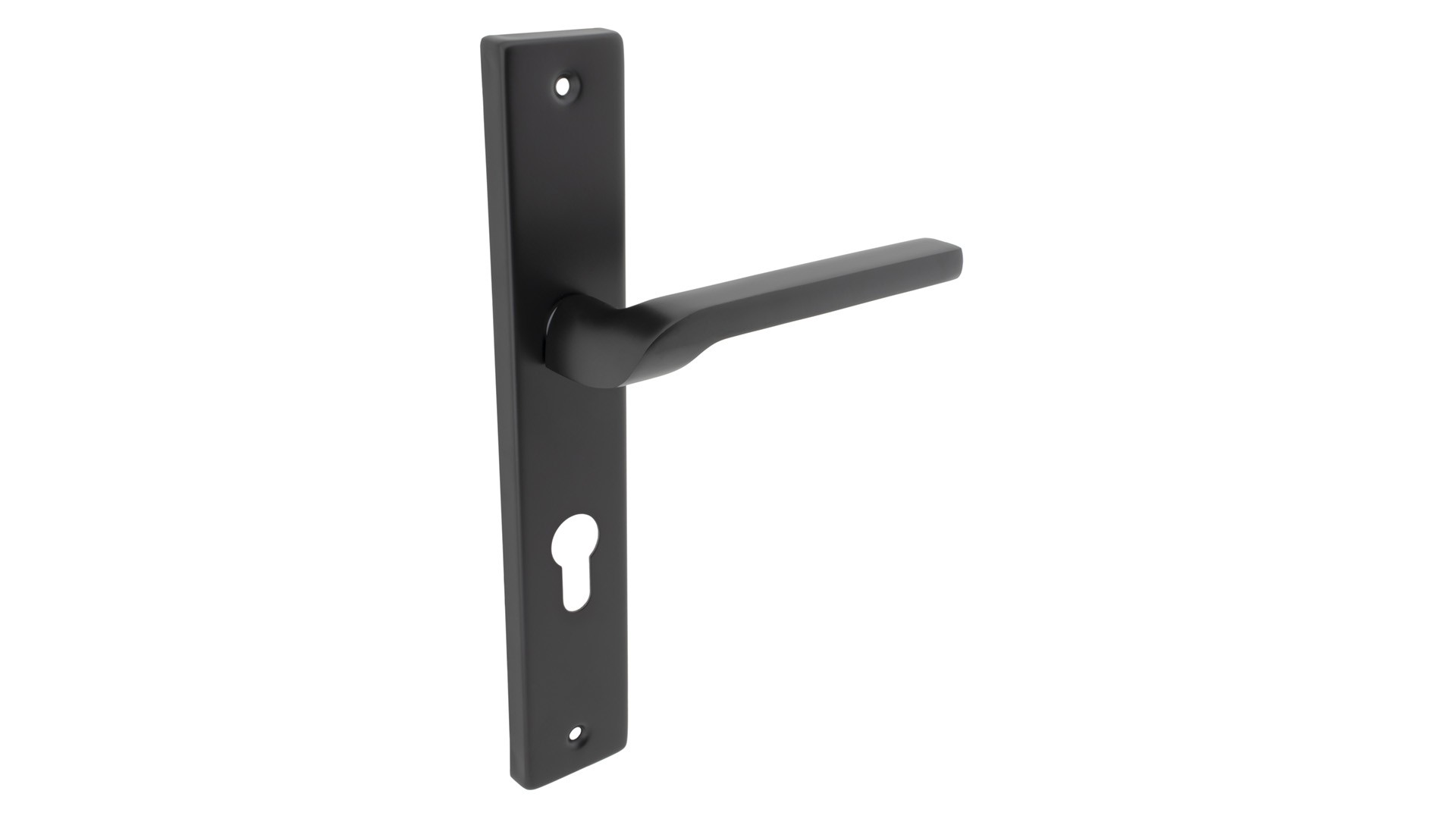 Czarna klamka drzwiowa na prostokątnej płycie z otworem na zamek.