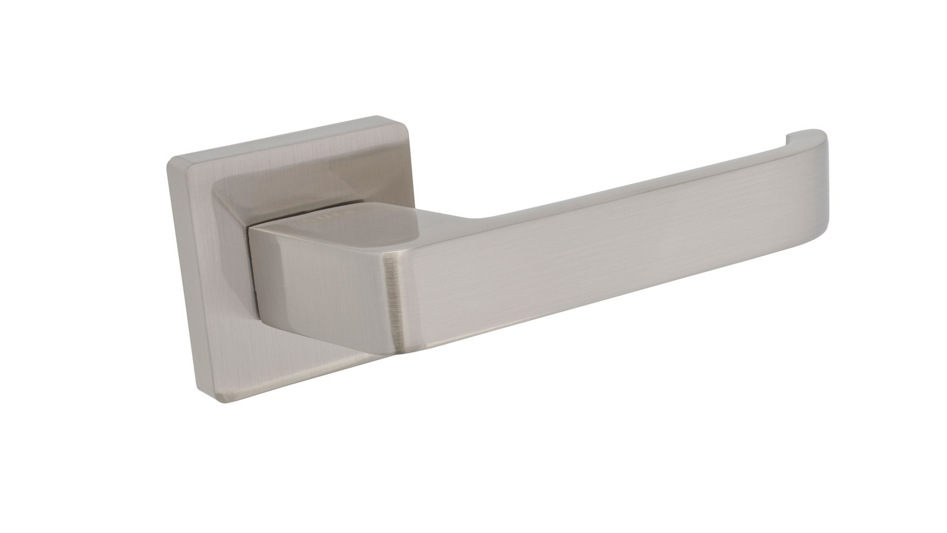 Srebrna klamka drzwiowa o prostym, nowoczesnym designie.