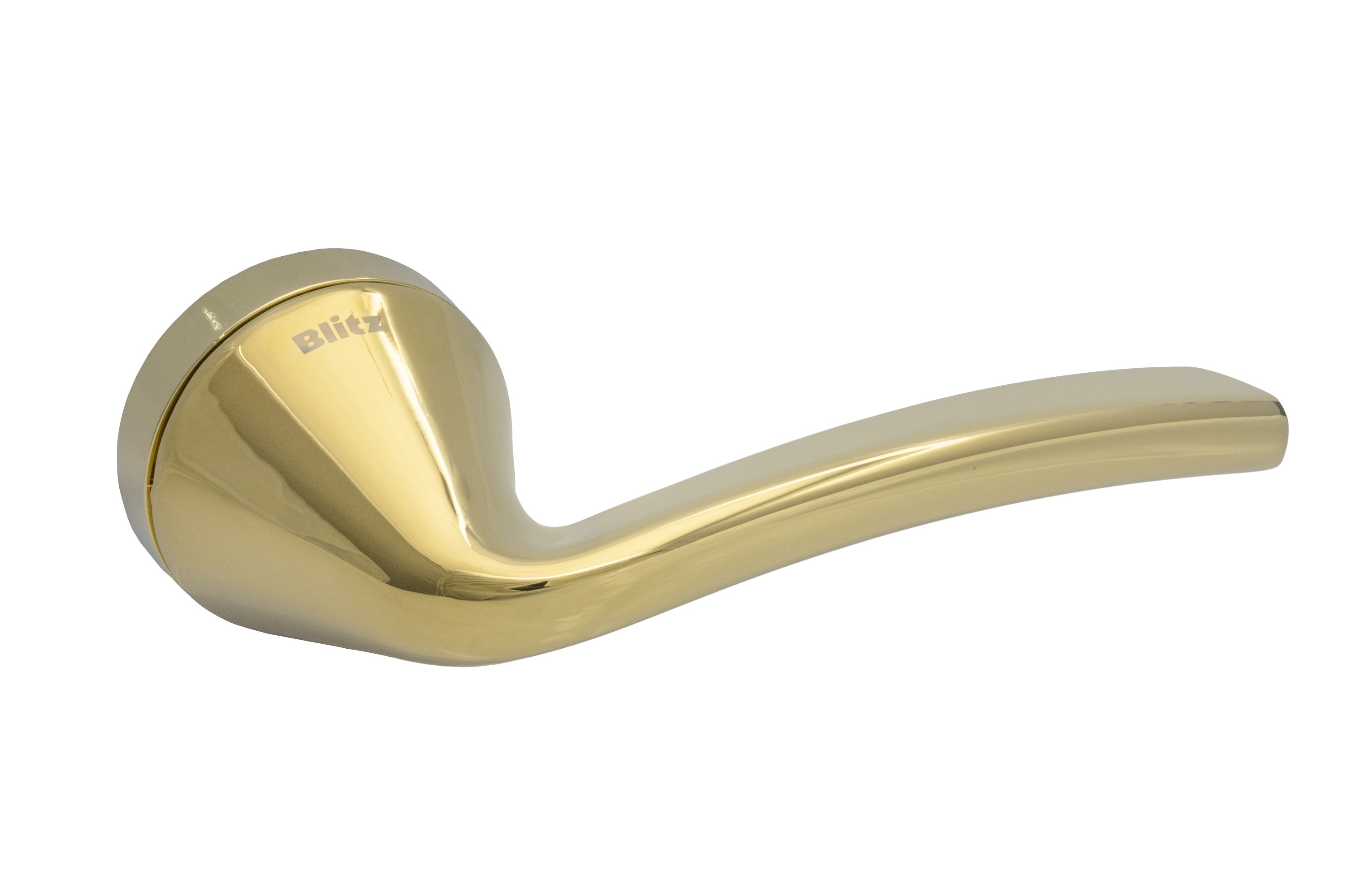 Złota klamka o eleganckim, opływowym kształcie, z logo Blitz na powierzchni.