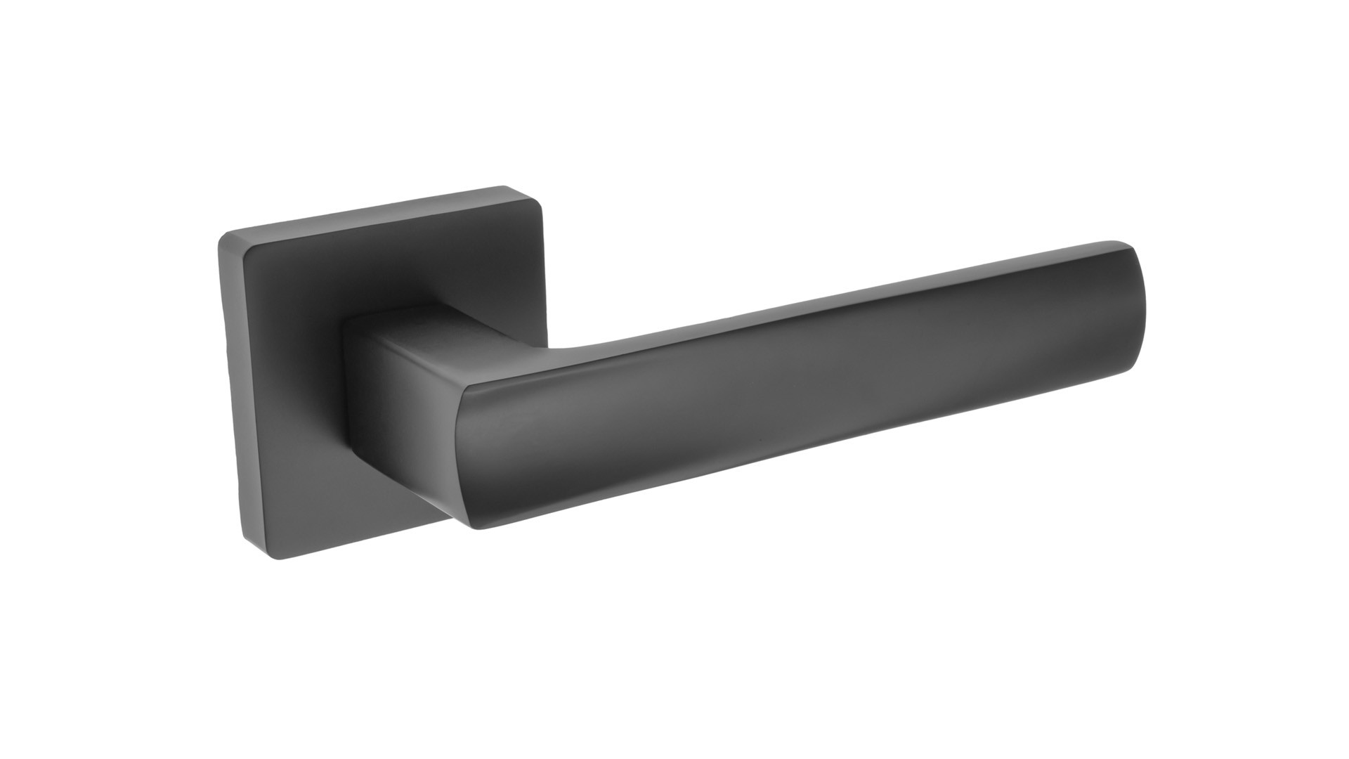 Czarna, nowoczesna klamka drzwiowa o prostym, minimalistycznym kształcie.