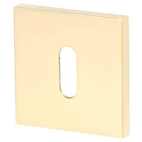 Złota osłona gniazda elektrycznego w kwadratowym kształcie z prostokątnym otworem na wtyczkę.