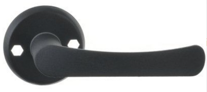 Czarna klamka drzwiowa o prostym, nowoczesnym designie z okrągłą podstawą.