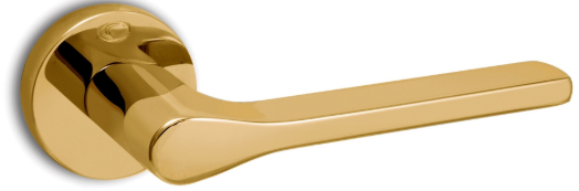 Złota klamka drzwiowa o nowoczesnym, eleganckim designie.