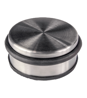 Metalowy przycisk z gumową podstawą, o okrągłym kształcie i matowej powierzchni.