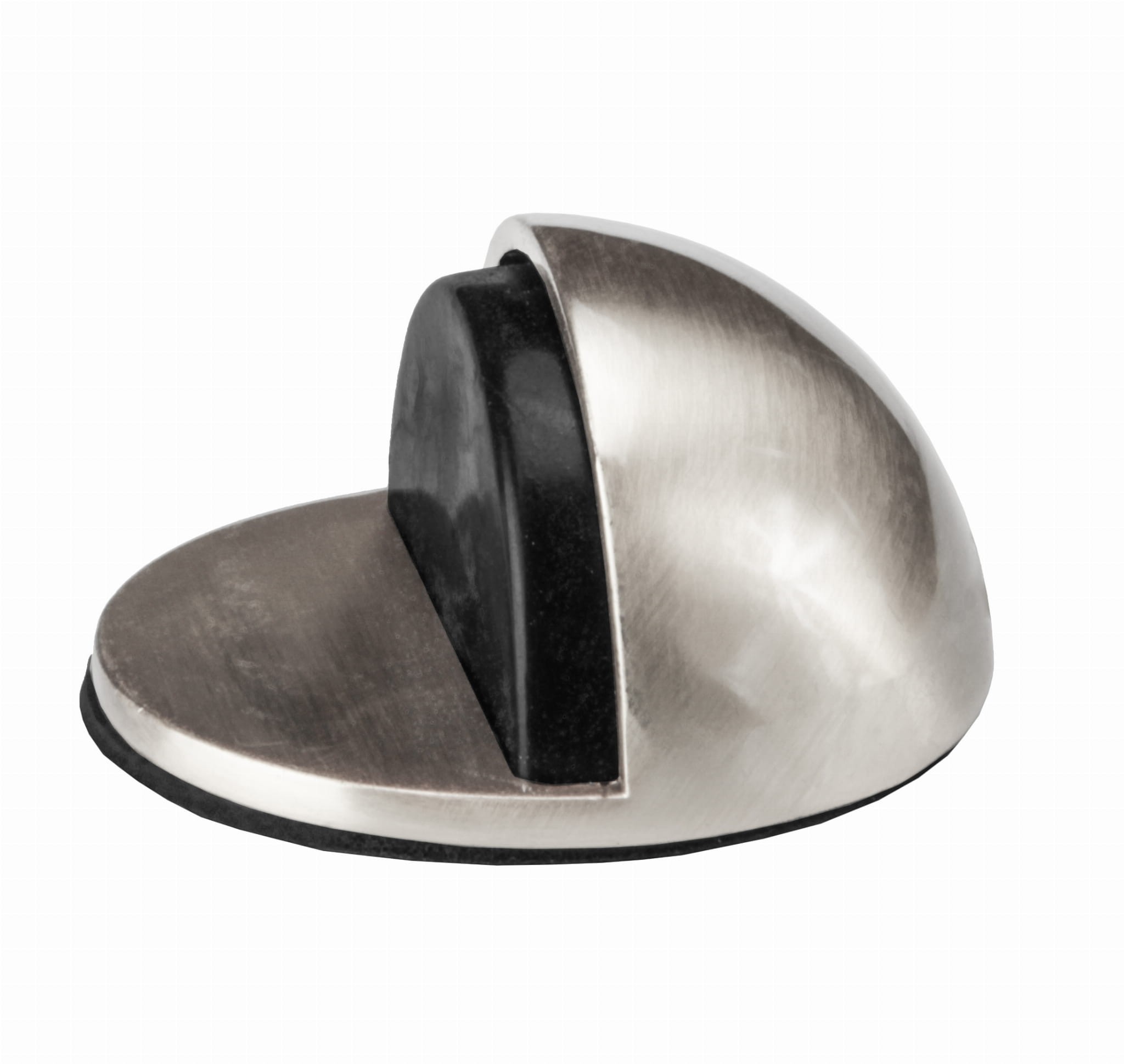 Metalowy uchwyt w kształcie półkuli z czarnym elementem, służący do przytrzymywania drzwi.