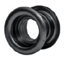 Czarny, gumowy element o trzech okrągłych częściach, przypominający uszczelkę lub pierścień.