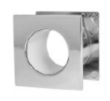 Metalowy element w kształcie kwadratu z okrągłym otworem, prawdopodobnie część instalacji wentylacyjnej.