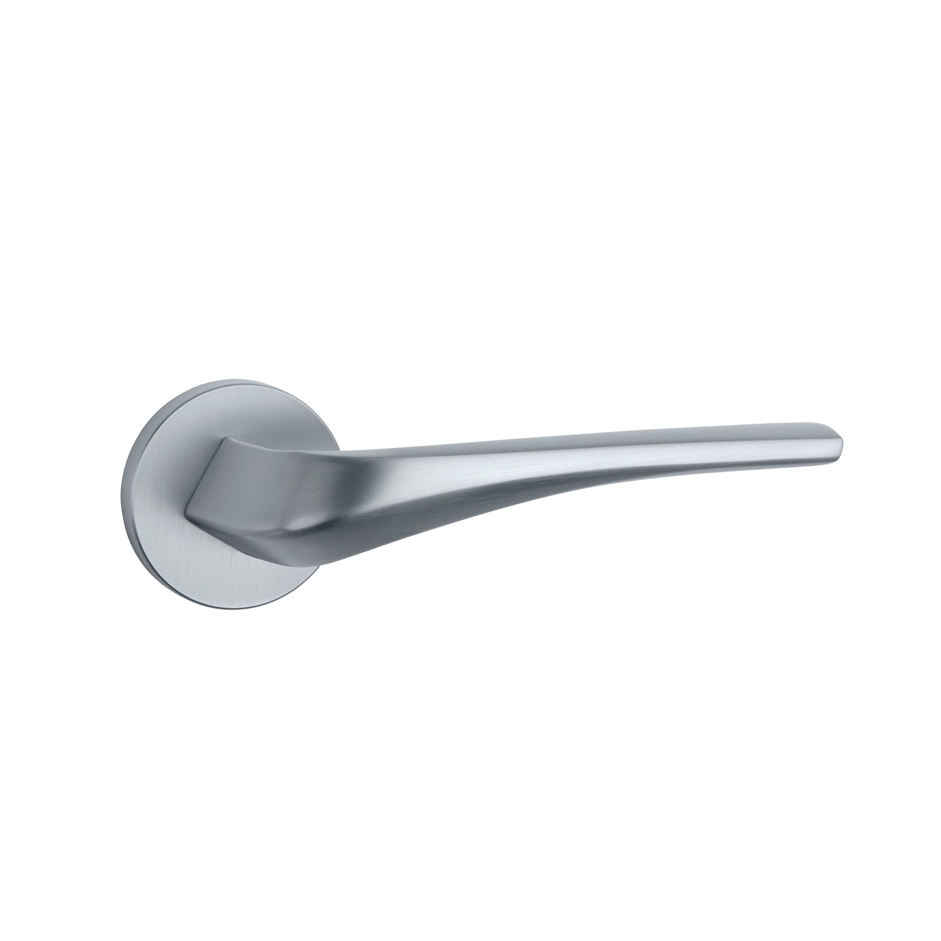 Srebrna klamka drzwiowa o nowoczesnym, minimalistycznym designie.