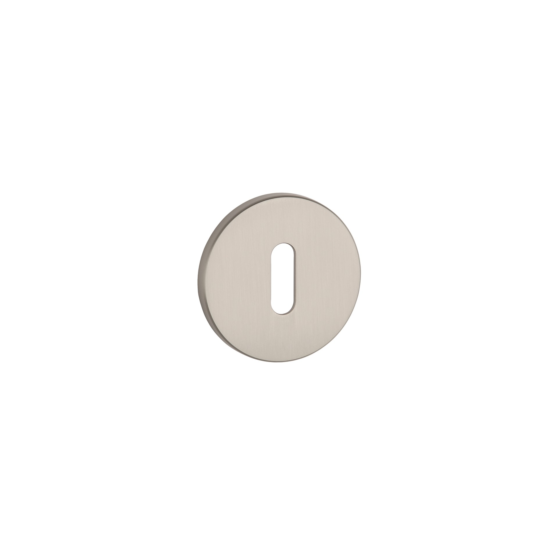 Okrągła, metalowa osłona z otworem w kształcie prostokąta, w kolorze srebrnym.