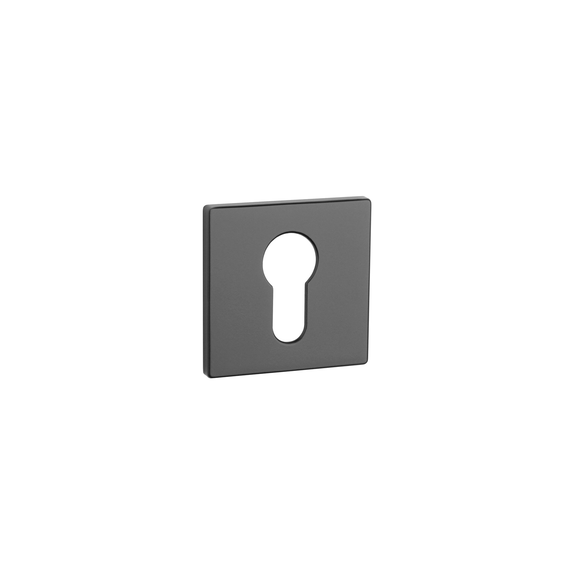 Kwadratowa osłona zamka w kolorze szarym z otworem w kształcie klucza.