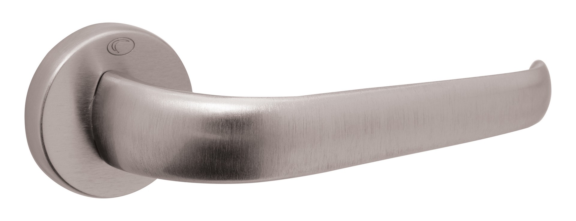 Metalowy uchwyt drzwiowy o eleganckim, matowym wykończeniu, zamocowany na okrągłej podstawie.