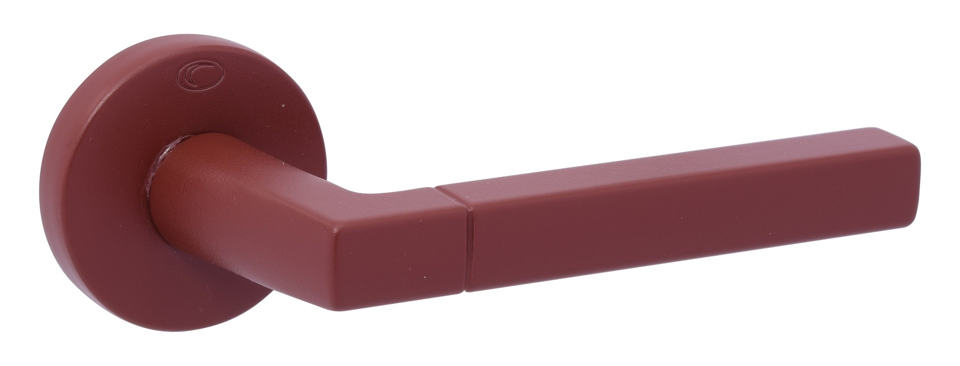 Czerwony uchwyt drzwiowy o prostokątnym kształcie i okrągłej podstawie.