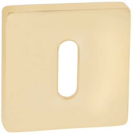 Złota osłona gniazdka elektrycznego w kwadratowym kształcie z otworem w środku.