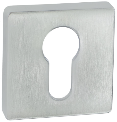 Metalowa osłona zamka w kształcie kwadratu z otworem w kształcie klucza.