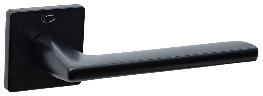 Czarna klamka drzwiowa o prostym, nowoczesnym designie z kwadratową podstawą.