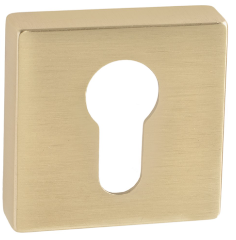 Kwadratowy, metalowy wkład do zamka z otworem w kształcie klucza.