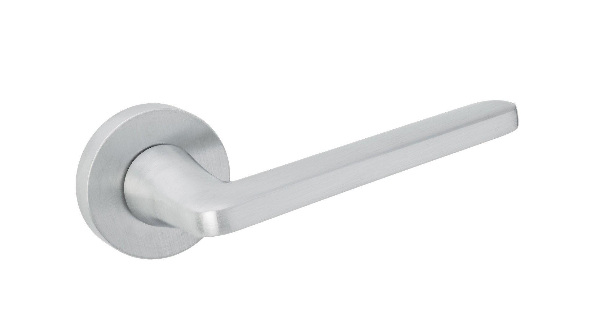 Srebrna klamka drzwiowa o prostym, nowoczesnym kształcie, zamocowana na okrągłej podstawie.