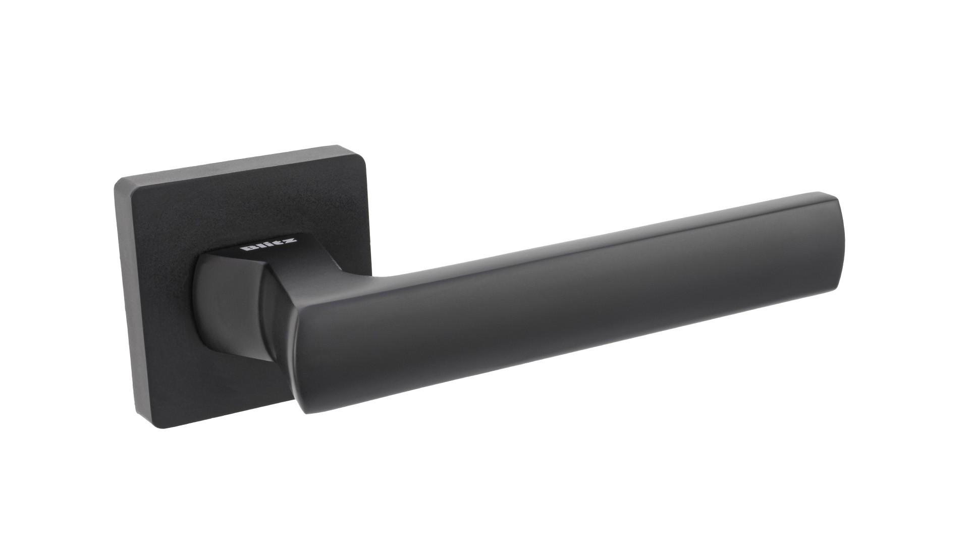 Czarny uchwyt drzwiowy o prostym, nowoczesnym designie, zamocowany na kwadratowej podstawie.