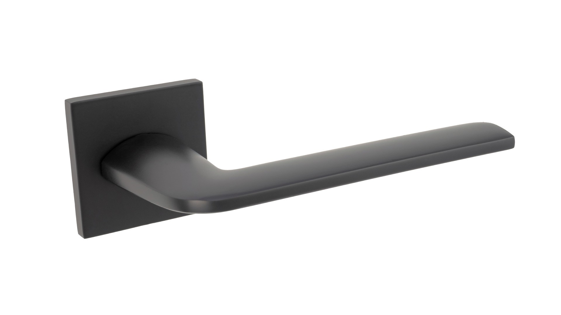 Czarna klamka drzwiowa o nowoczesnym, minimalistycznym designie, zamocowana na kwadratowej podstawie.