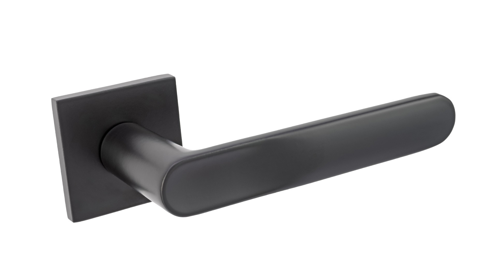 Czarny uchwyt drzwiowy o prostym, nowoczesnym designie, zamocowany na kwadratowej podstawie.