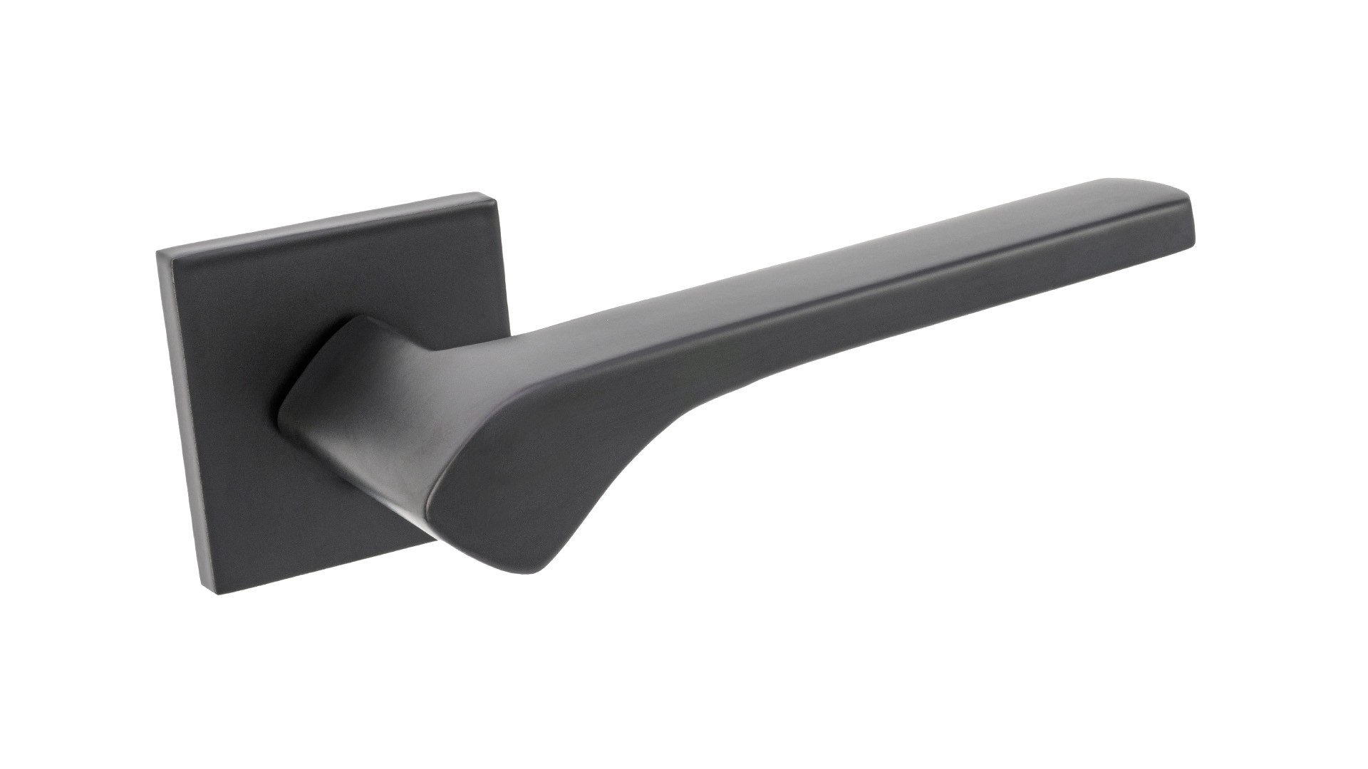 Czarny uchwyt drzwiowy o nowoczesnym, minimalistycznym designie, zamocowany na kwadratowej podstawie.