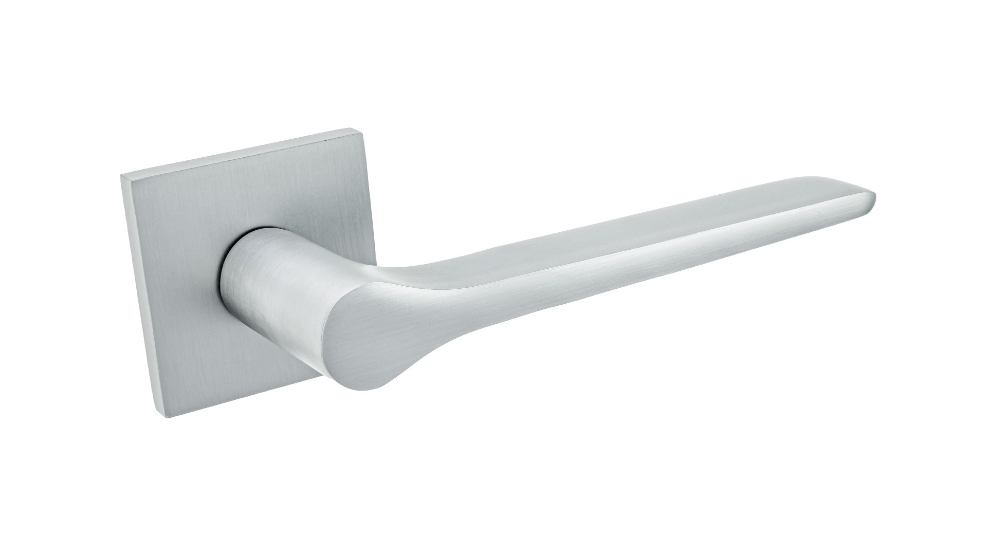 Srebrny uchwyt drzwiowy o nowoczesnym, minimalistycznym designie.