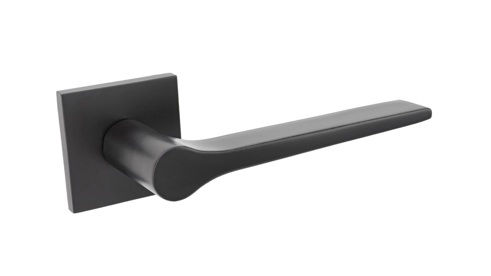 Czarny uchwyt drzwiowy o prostym, nowoczesnym designie na kwadratowej podstawie.