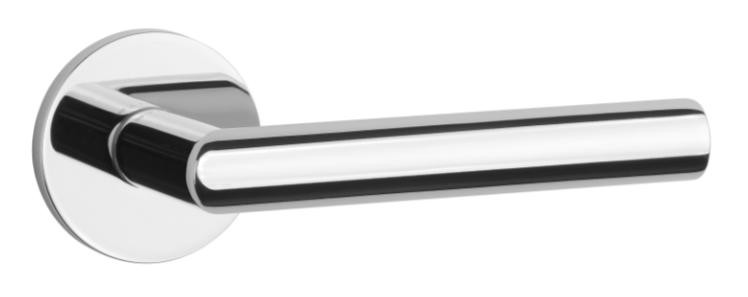 Metalowy uchwyt drzwiowy w stylu nowoczesnym, z połyskującą powierzchnią.