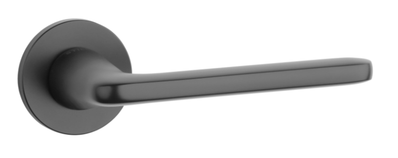 Czarny uchwyt drzwiowy o prostym, nowoczesnym designie, zamocowany na okrągłej podstawie.