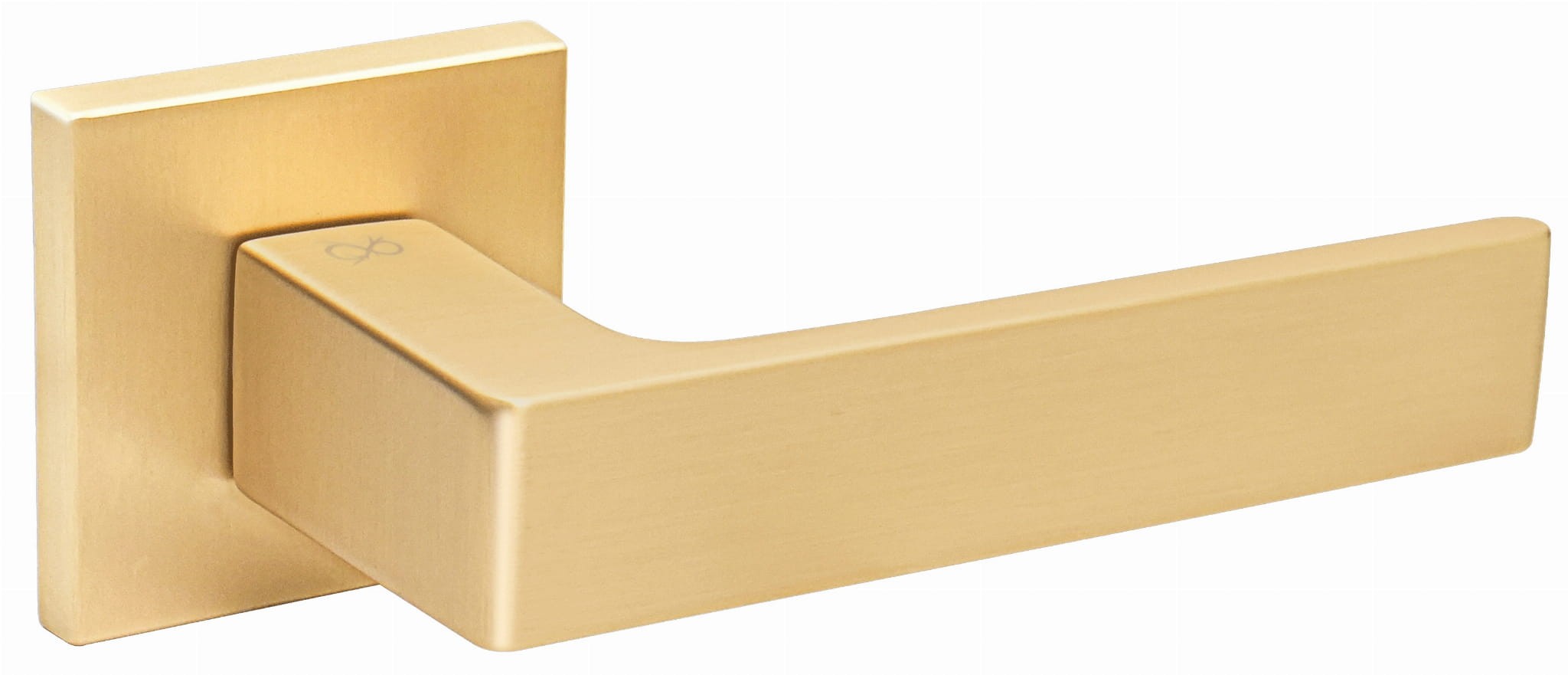 Złoty uchwyt drzwiowy o prostym, nowoczesnym designie, zamocowany na kwadratowej podstawie.