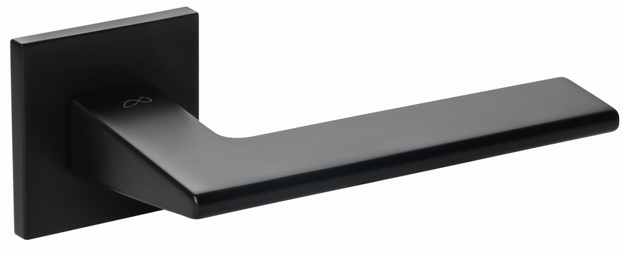 Czarna klamka drzwiowa o nowoczesnym, minimalistycznym designie z prostokątną podstawą.