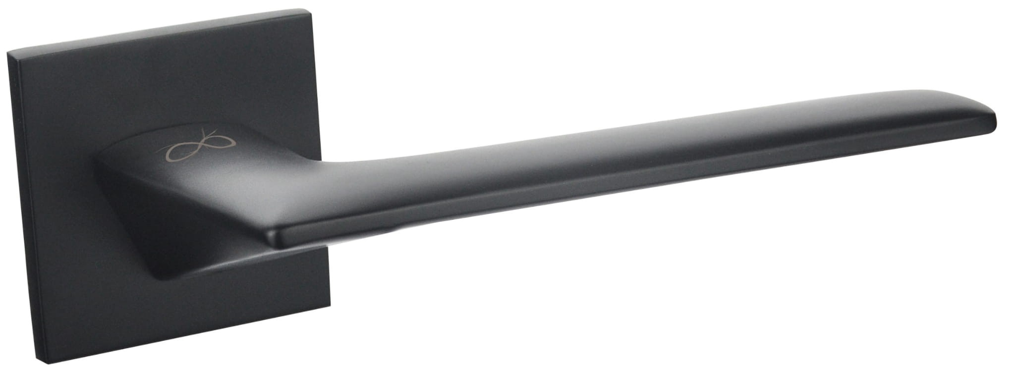 Czarny uchwyt drzwiowy o nowoczesnym, minimalistycznym designie, zamocowany na kwadratowej podstawie.