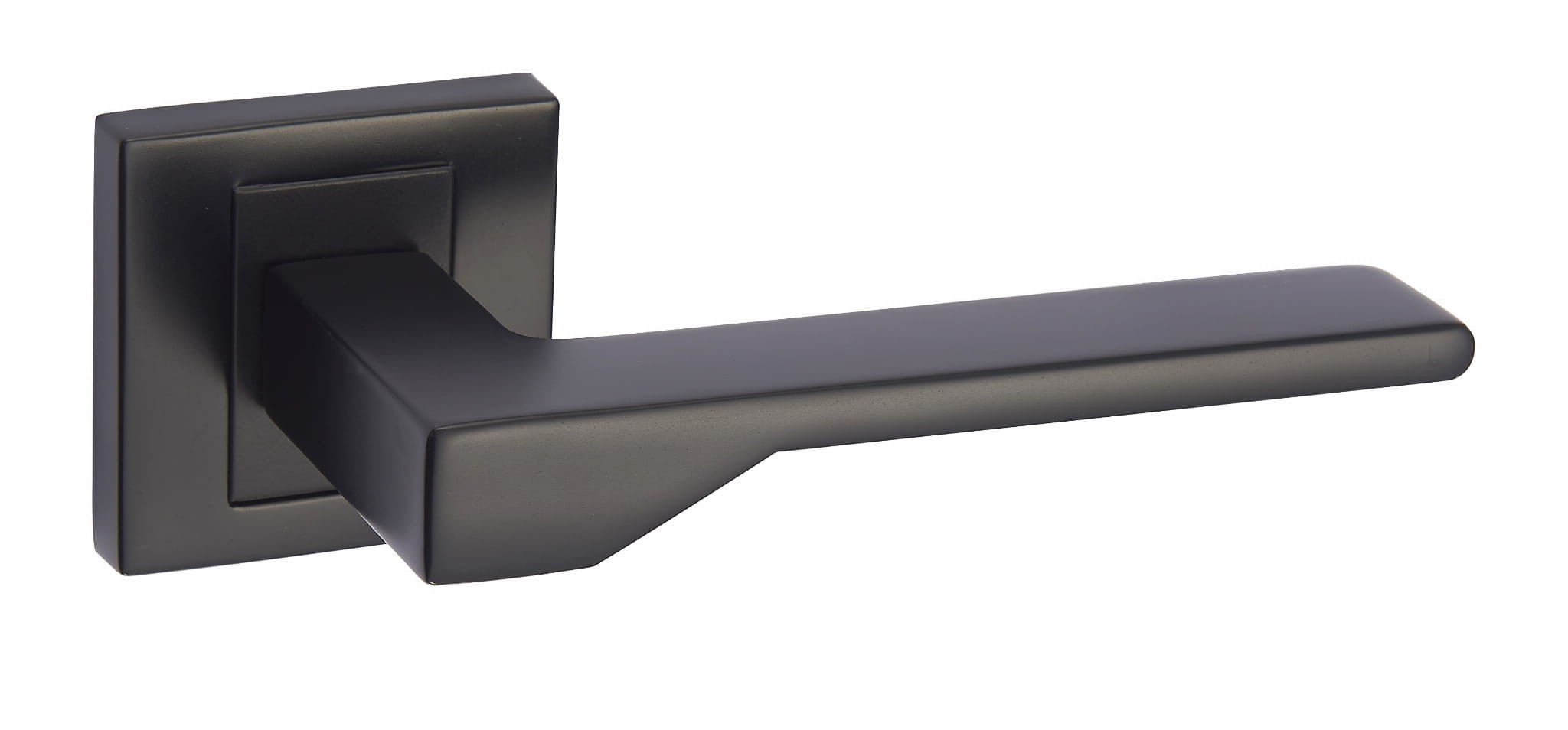 Czarna klamka drzwiowa o nowoczesnym, minimalistycznym designie z kwadratową podstawą.