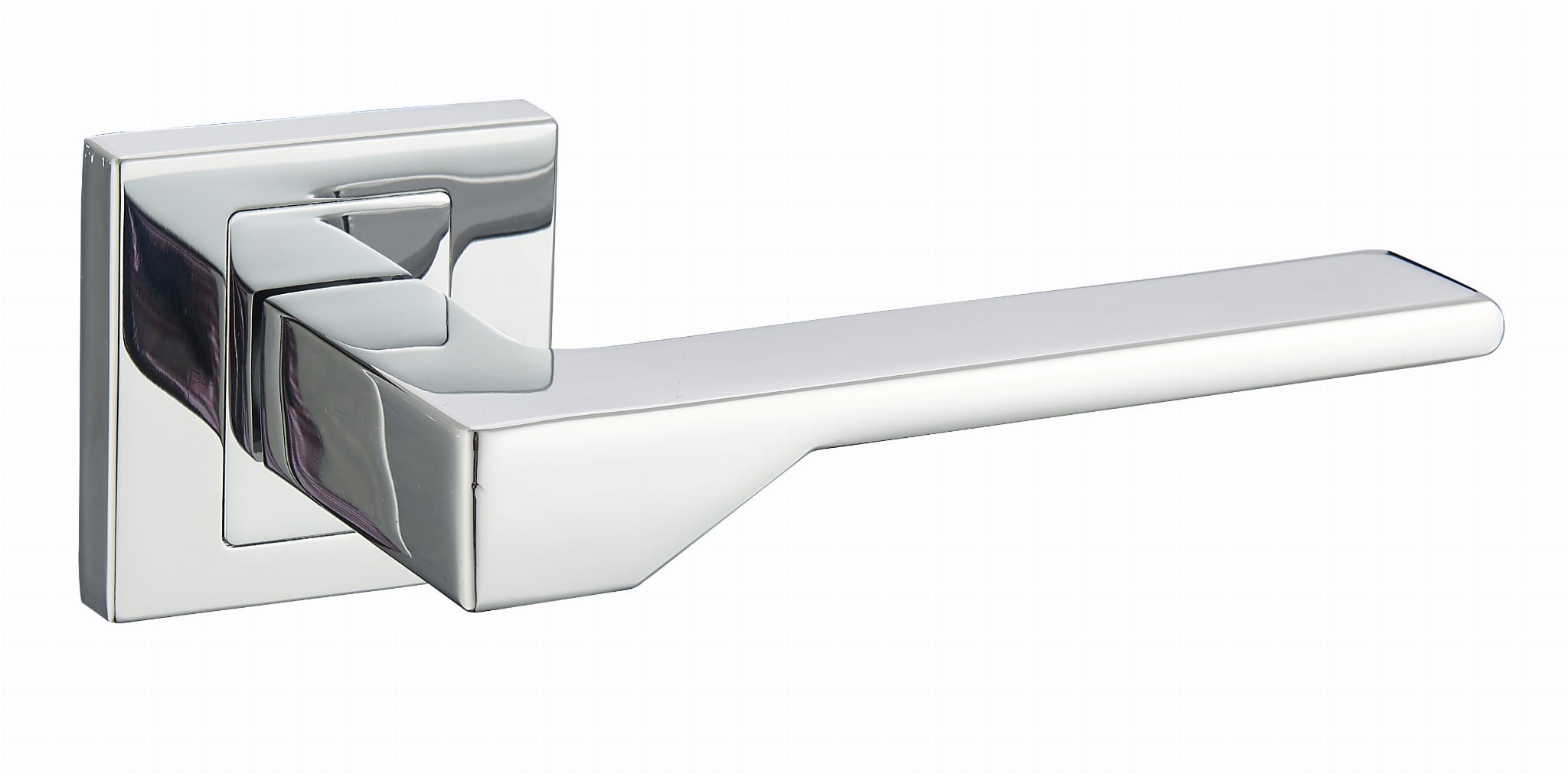 Srebrny uchwyt drzwiowy o nowoczesnym, prostokątnym kształcie, zamontowany na kwadratowej płycie.