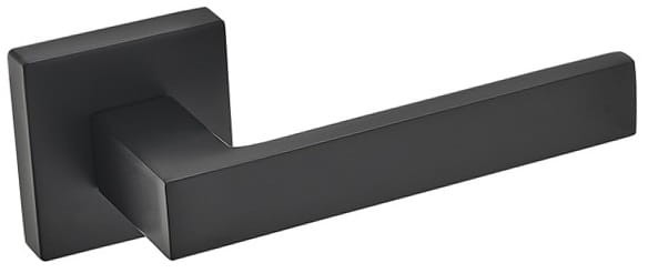 Czarny uchwyt drzwiowy o prostokątnym kształcie, minimalistyczny design.