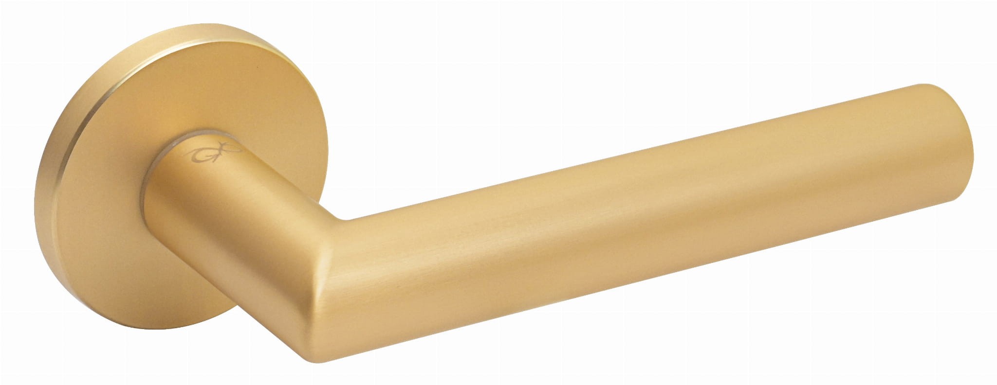 Złoty uchwyt drzwiowy o prostym, nowoczesnym kształcie, z okrągłą podstawą.