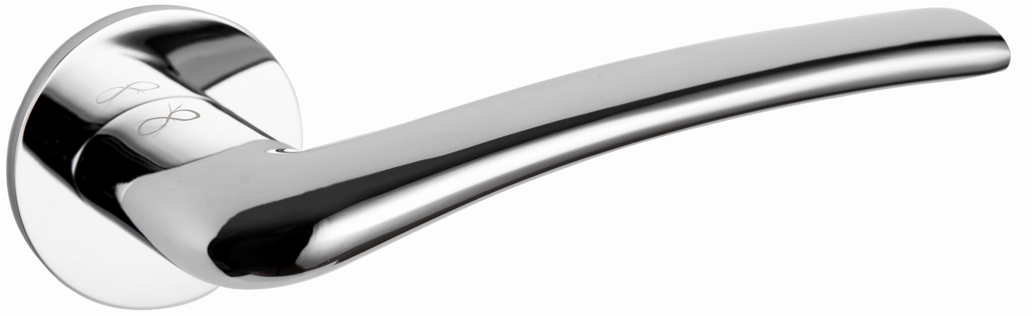 Nowoczesny, błyszczący uchwyt drzwiowy w kształcie łuku, zamocowany na okrągłej podstawie.