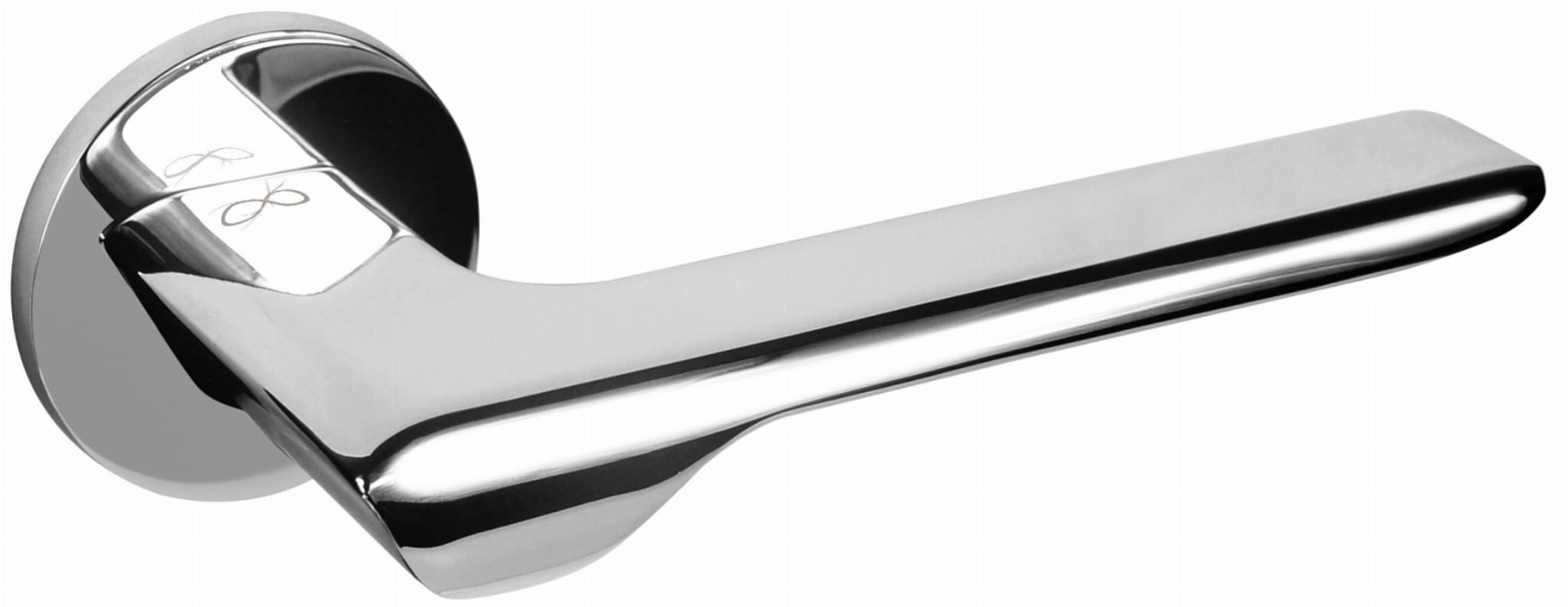 Metalowy uchwyt drzwiowy o nowoczesnym, błyszczącym wykończeniu, zamocowany na okrągłej podstawie.